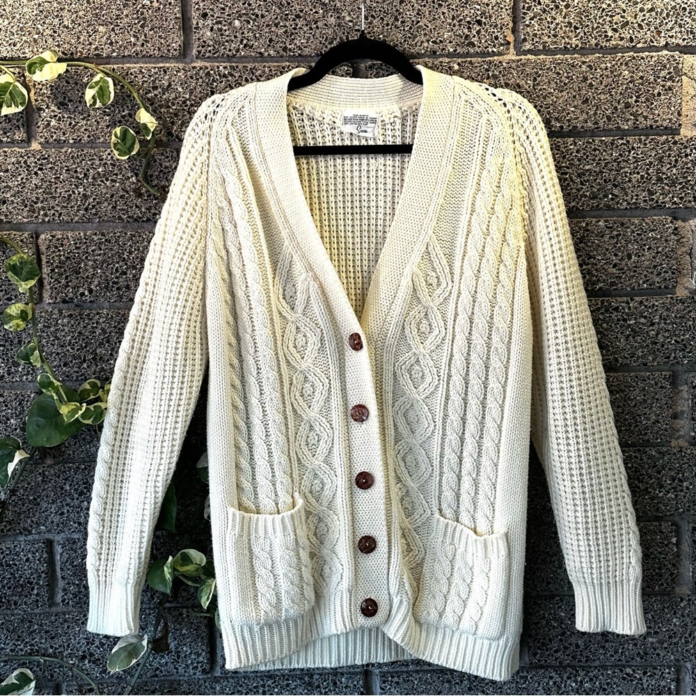 Vintage 1960s Sears Cream Cable Knit Cardigan Sweater (Women’s)